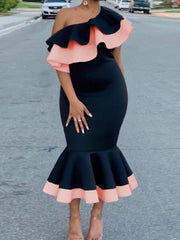 Women's Bodycon Mermaid Dress Bare Shoulder Ruffles Black Contrast Color Midi Dresses Elegant African Party Birthday Event Gowns