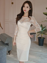 Fashion Elegant Women Midi Dress Sexy Lace Sheer O-Neck Long Sleeve Folds Bodycon Skinny Slim Club Lady Robe Femme Mujer Vestido