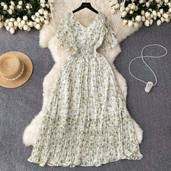 Summer gentle wind chiffon print dress sweet V-neck high waist slim floral dress A-word dress