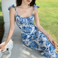 French Summer Vintage Floral Women Dress Midi Sleeveless Backless Y2k Fashion Blue Boho Party Bodycon Dress Chic Beach Dresses