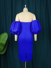 AOMEI Women Party Dress Blue Off Shoulder Short Puff Sleeve High Waist Sexy Bodycon Midi Length Evening Cocktail Event Gowns New