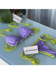 بيكيني أوروبي وأمريكي لعام 2023 مصنوع من نسيج خاص جديد بلون سادة منسوج بحبل بيكيني متعدد الألوان