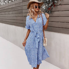 Beach Boho Summer Dress Shirt 2021 Floral Vintage High Waist Dresses Women Casual Loose Single Breasted Midi Slim Elegant Robe
