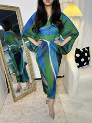 Multicolor Print Elegant Pleated Stretch V-Neck Dress