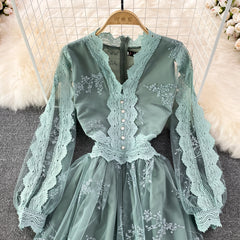 Light luxury V-neck lantern long-sleeved waist net gauze big a-line dress elegant temperament long skirt