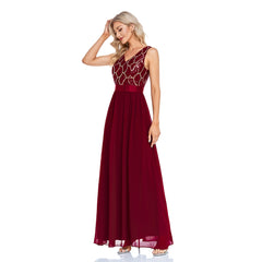 European and American women's double V-neck sleeveless sequined chiffon floor-to-ceiling A-line fully lined plus-size evening dress party dress