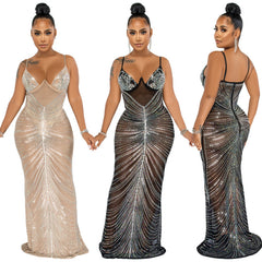 European and American mesh hot diamond deep V sexy tight evening dress women's dress