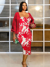 AOMEI Red Printed Bodycon Dresses Square Collar Women Lantern Sleeves Office Lady Dinner Cocktail Event Occasion African Gowns