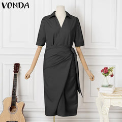 VONDA Elegant Dresses For Women 2022 Solid Lapel Short Sleeve Waist-in Pleated A-Line Vestidos Bohemian Party Casual Summer Plus Size Long Dresses