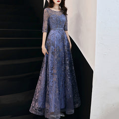 Ladies Round Neck Sleeve Long Embroidered Banquet Evening Dress LX009