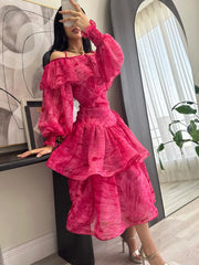 Rose Red Chiffon Double Layer Cake Dress