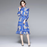 High-end elegant temperament printed long-sleeved dress female fashion ladies lace-up dress