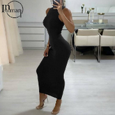 Inwoman Ribbed Knitted Summer Black White Maxi Dress Women 2021 Party Bodycon Long Dress Sundress Ladies Brown Wrap Dresses