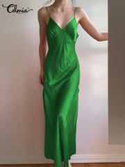 Celmia فساتين أنيقة للنساء 2022 تنورة حمالة بدون أكمام سادة ورقبة على شكل حرف V فساتين حفلات بوهيمية صيفية غير رسمية مقاس كبير فستان نوم طويل