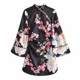 Women Chinese Traditional Floral Printed Qipao Button Up Long Sleeve Mini Dresses Female Elegant Party Dresses
