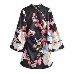 Women Chinese Traditional Floral Printed Qipao Button Up Long Sleeve Mini Dresses Female Elegant Party Dresses