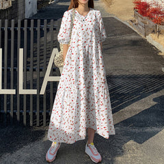 ZANZEA ladies Japanese and Korean literary style floral skirt temperament printing style lady long skirt round neck bubble half sleeve and ankle skirt fashion trend elegant loose spring and autumn daily leisure holiday style dress large size