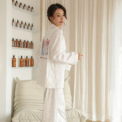 Small wind ice silk lady nightgown spring and summer long sleeves printed silk nightgown silk summer lapel residence dress