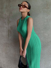 New Summer Solid Color Knitted Sleeveless Round Neck Dress Women Outfits Streetwear Clubwear Casual Urban Bodycon Tank Dresses