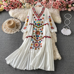 Vintage Fashion Women Flower Embroidery Beach Boho Mini Skirt Women Short Sleeve V Neck Cotton Linen Boho Dress Tank Top 3f16