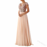 European and American women's dress V-neck sequined chiffon mosaic evening dress long skirt
