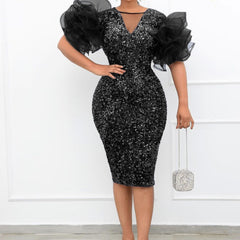 Women's Mesh Ruffle Sleeve Sequin Cover Hip Body Dress