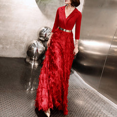 Ladies V Neck Three Quarter Sleeves Long Fashion Banquet Evening Dress