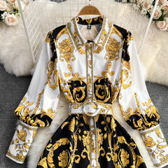 فستان راقي فاخر بطباعة كلاسيكية وأكمام منتفخة وربطة عنق وتنورة طويلة للتخسيس