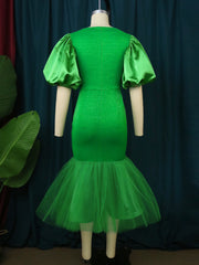 AOMEI Green Dress Bodycon Patchwork Mesh Party Mermaid Women Slim Short Lantern Sleeve Square Collar Elegant High Waist Event