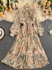 فستان بوهو نسائي عتيق للربيع والخريف بأكمام طويلة مزين بفيونكة فستان نسائي أنيق بطبعة زهور رداء بدون أكمام