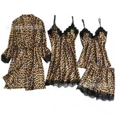 طقم بيجامات نسائي جديد موديل 2023 مكون من أربع قطع مثير من الحرير الجليدي الأوروبي والأمريكي بطبعة الفهد تنورة بحمالات قصيرة خدمة منزلية