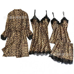 طقم بيجامات نسائي جديد موديل 2023 مكون من أربع قطع مثير من الحرير الجليدي الأوروبي والأمريكي بطبعة الفهد تنورة بحمالات قصيرة خدمة منزلية