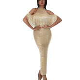 Patchwork mesh split hip dress tassel hanging neck off shoulder dinner dress Hot Sale spot goods Promotion