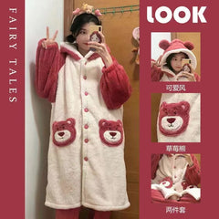 Cute Coral Fleece Strawberry Bear Pajamas Women's 2023 New Winter Thickened and Velvet Outerwear Flannel Suit