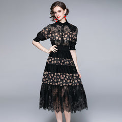 Temperament dress women's stand collar waist slim A-line midi skirt