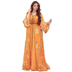 Middle East New Muslim Women Kaftan Chiffon Foil Printing Two Piece Elegant Arabian Cardigan Dress