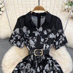 High-end light luxury temperament short-sleeved V-neck waist slimming lace stitching printed A-line dress elegant long skirt