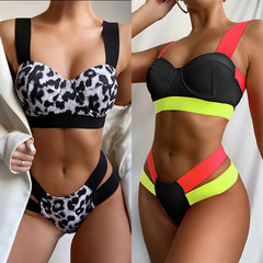 European and American popular leopard bandage sexy bikini women's hard-pack underwire swimsuit women