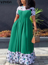 VONDA Elegant Dresses For Women 2022 Spliced Random Printed O Neck Short Puff Sleeve A-Line Vestidos Bohemian Party Casual Plus Size Long Dresses