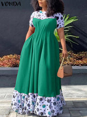 VONDA Elegant Dresses For Women 2022 Spliced Random Printed O Neck Short Puff Sleeve A-Line Vestidos Bohemian Party Casual Plus Size Long Dresses
