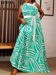 VONDA Elegant Dresses For Women 2022 Random Printed One-Shoulder Sleeveless A-Line Vestidos Bohemian Party Casual Plus Size Long Dresses