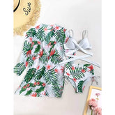 Three-piece mesh high-waist printing sexy gathered split swimsuit bikini