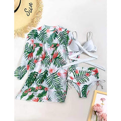 Three-piece mesh high-waist printing sexy gathered split swimsuit bikini