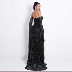 شعبية قبالة الكتف قبالة الظهر التألق المرأة طويلة الأكمام أنيقة شق مساء اللباس اللباس تعزيز المصنع مباشرة