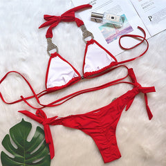 New Nylon Solid Color Strap Sexy Backless Bikini Women's Swimwear