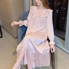 Nightgowns Women Autumn New French Style Sexy Solid Ruffles Long Sleeve Sleepwear Classy Casual Lounge Soft Sweet Homewear