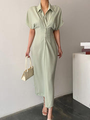 ZANZEA Women Elegant Dresses Solid Turn-Down-Collar Short Sleeve Calf Length Dress Fashion Holiday Casual Loose Ladies Vestido Plus Size