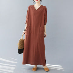 Plus-size women's clothing 2023 new fat MM retro cotton and linen V-neck plus fertilizer and enlarged long-sleeved dress