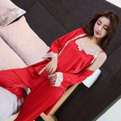 Pajamas women's summer silk suspenders nightgown home service lace sexy ladies ice silk pajamas three-piece suit