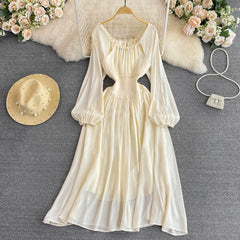 Sweet and ladylike, elegant, solid color, pleated, round neck, slim waist and slim A-line dress